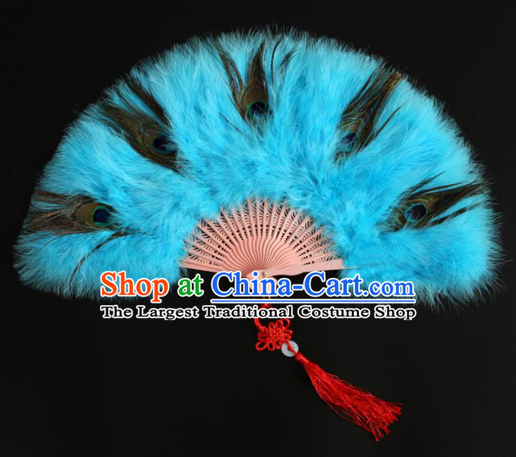 Chinese Handmade Light Blue Feather Fans Classical Dance Fan Cheongsam Show Fan Traditional Stage Performance Folding Fan