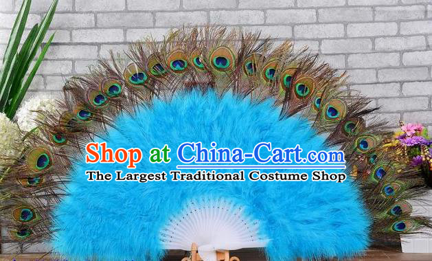 Top Handmade Halloween Cosplay Party Fan Stage Show Blue Villus Fan Belly Dance Folding Fan Samba Dance Peacock Feathers Fan