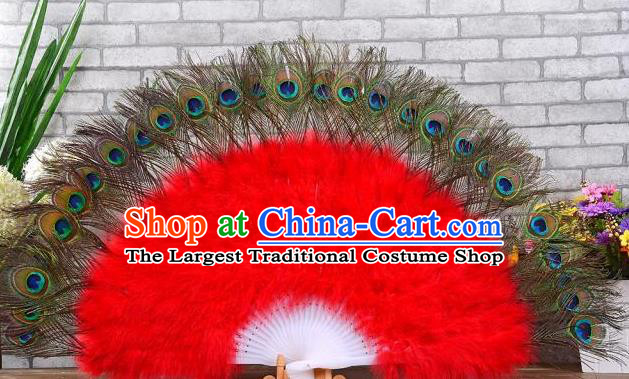 Top Samba Dance Peacock Feathers Fan Handmade Halloween Cosplay Party Fan Stage Show Red Villus Fan Belly Dance Folding Fan