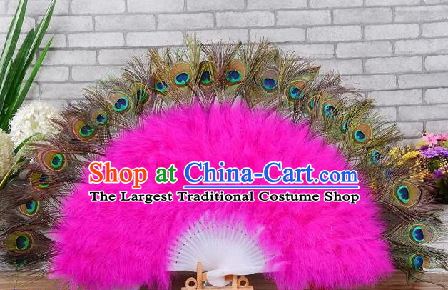 Top Belly Dance Folding Fan Samba Dance Peacock Feathers Fan Handmade Halloween Cosplay Party Fan Stage Show Rosy Villus Fan