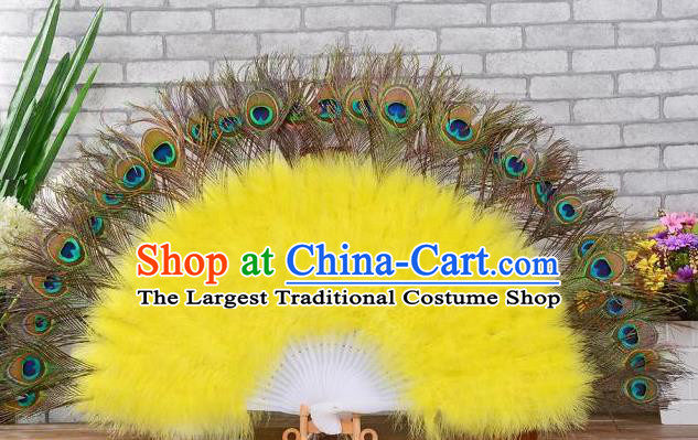 Top Opening Dance Yellow Villus Fan Belly Dance Folding Fan Halloween Cosplay Performance Fan Handmade Peacock Feathers Party Fan