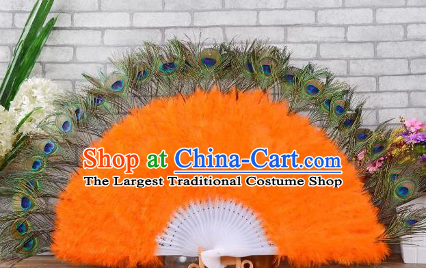 Top Handmade Peacock Feathers Party Fan Opening Dance Orange Villus Fan Belly Dance Folding Fan Halloween Cosplay Performance Fan