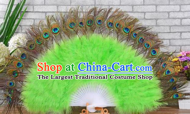 Top Halloween Cosplay Performance Fan Handmade Peacock Feathers Party Fan Opening Dance Green Villus Fan Belly Dance Folding Fan