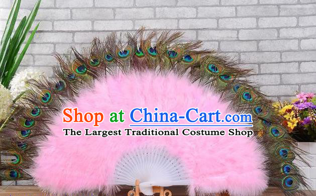 Top Belly Dance Folding Fan Halloween Cosplay Performance Fan Handmade Peacock Feathers Party Fan Opening Dance Pink Villus Fan