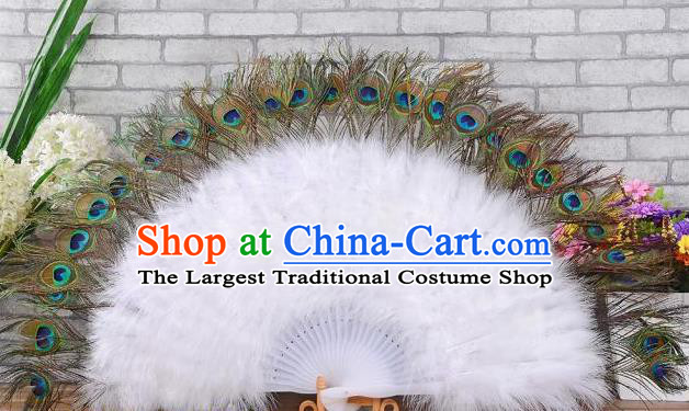 Top Stage Show White Villus Fan Belly Dance Folding Fan Samba Dance Peacock Feathers Fan Handmade Halloween Cosplay Party Fan