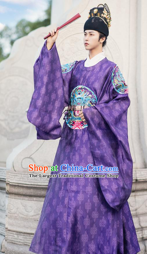 China Traditional Hanfu Purple Brocade Robe Ancient Emperor Historical Clothing Ming Dynasty Royal Prince Garment Costume