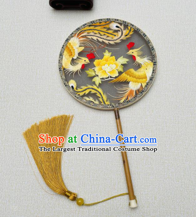 China Handmade Embroidered Circular Fan Suzhou Embroidery Phoenix Peony Fan Double Sides Black Silk Fan Traditional Hanfu Palace Fan