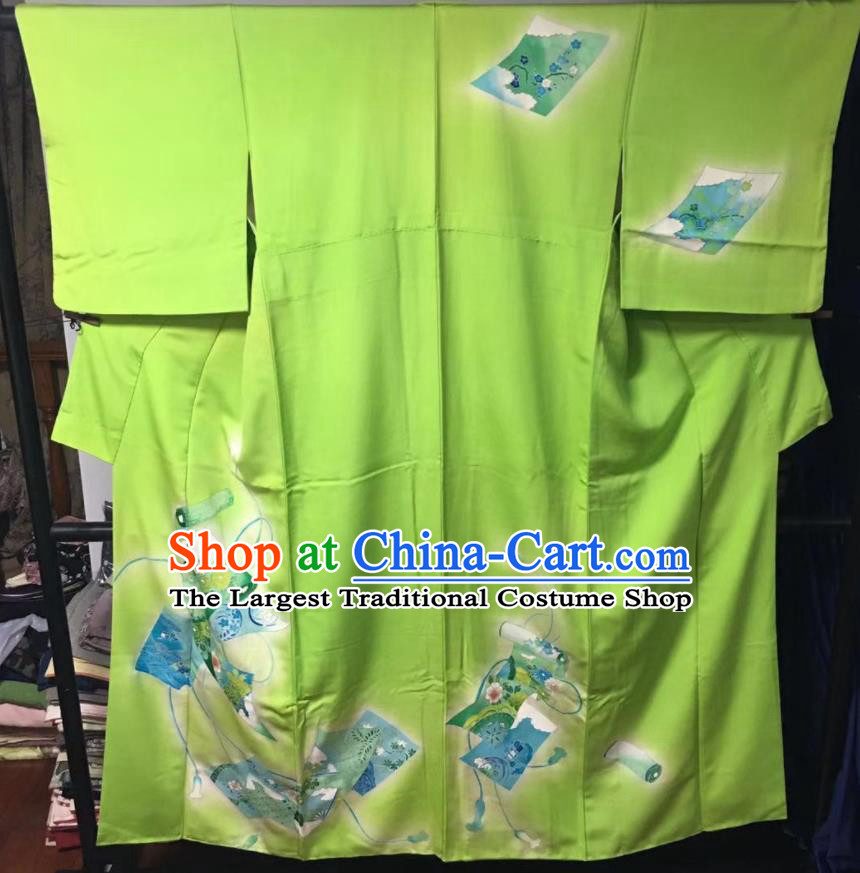 Japan Traditional Printing Green Yukata Dress Classical Pattern Tsukesage Kimono Clothing Young Woman Garment Costume