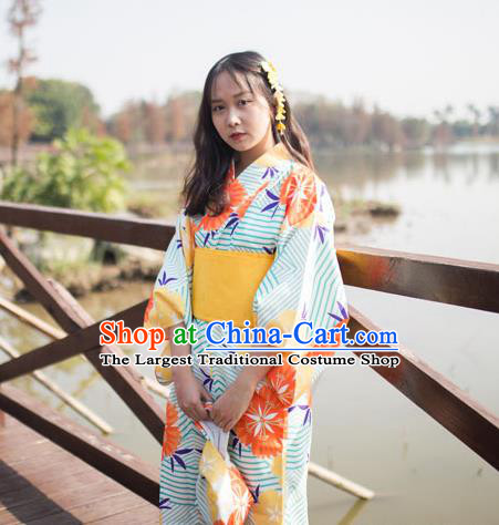 Japan Traditional Summer Festival Garment Costume Hanabi Taikai Printing Albizia Flower Yukata Dress Female Kimono