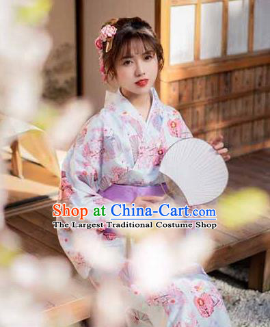 Japan Summer Festival Printing Peach Blossom Blue Yukata Dress Young Lady Stage Performance Fashion Garment Traditional Kimono Costume