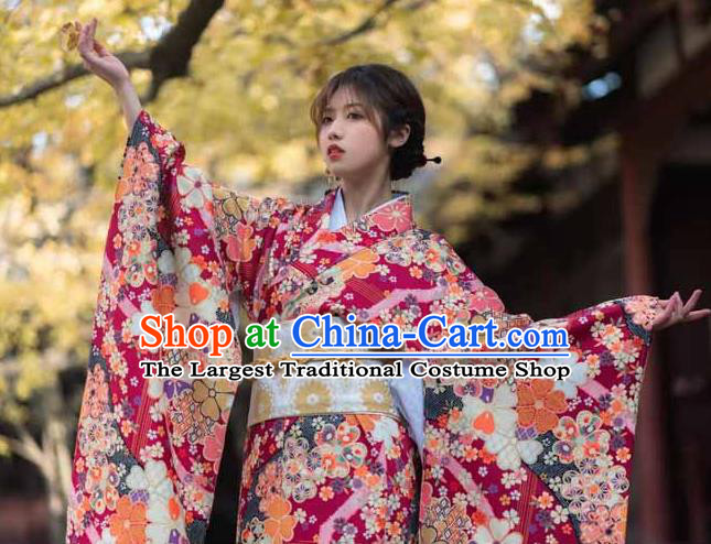 Japan Hanabi Taikai Printing Sakura Wine Red Yukata Dress Young Lady Fashion Garment Traditional Summer Festival Furisode Kimono Costume