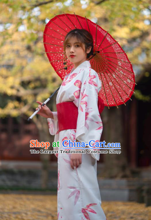 Japan Summer Festival Printing Maple Leaf White Yukata Dress Young Lady Fashion Garment Traditional Photography Kimono Costume