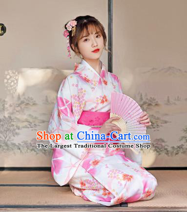 Japan Young Lady Stage Performance Fashion Garment Traditional Photography Kimono Costume Summer Festival Printing Sakura Yukata Dress