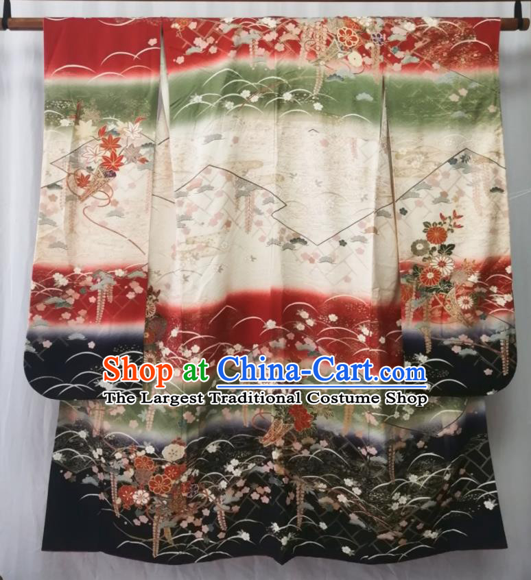 Japan Kyoto Wedding Silk Yukata Dress Traditional Flowers Pattern Furisode Kimono Clothing Court Queen Garment Costume