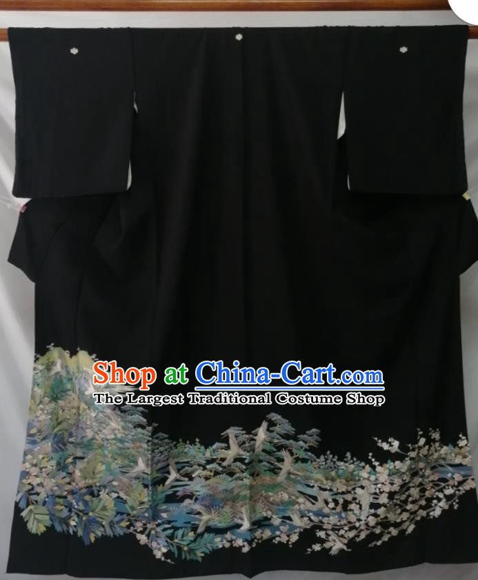 Japanese Traditional Embroidered Crane Black Yukata Robe Male Kurotomesode Kimono Clothing Asian Stage Performance Apparel