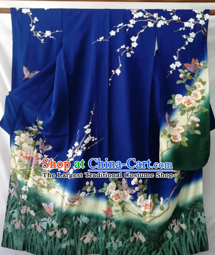 Japan Traditional Peony Plum Pattern Furisode Kimono Clothing Court Empress Garment Costume Kyoto Deep Blue Yukata Dress