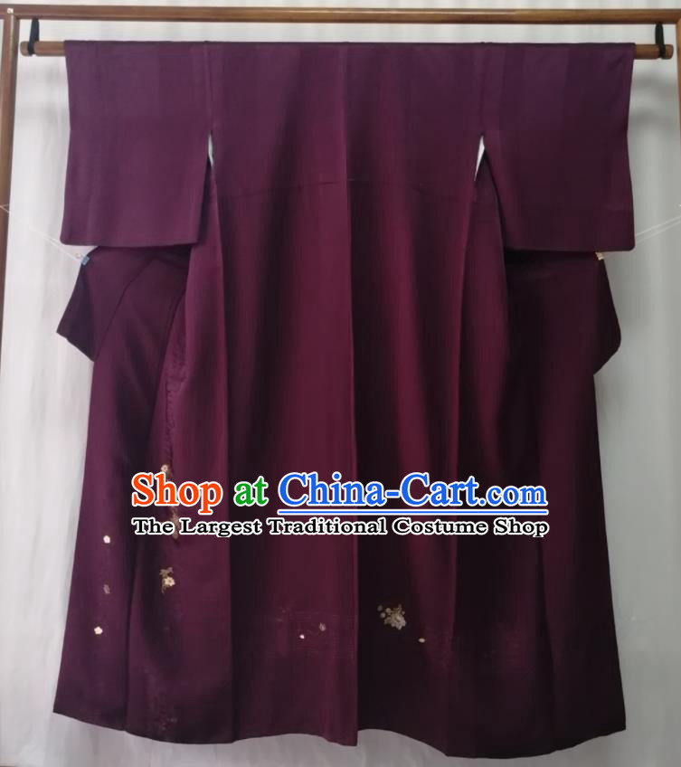 Japan Kyoto Purple Yukata Dress Traditional Tsukesage Kimono Clothing Orthodox Garment Costume