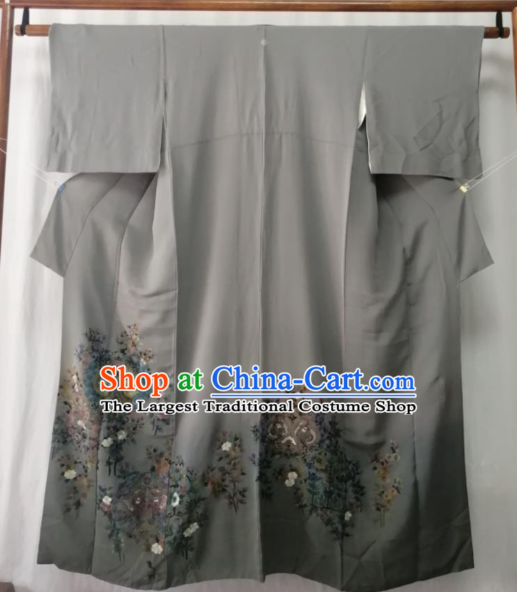 Japan Orthodox Garment Costume Kyoto Embroidered Grey Yukata Dress Traditional Tsukesage Kimono Clothing