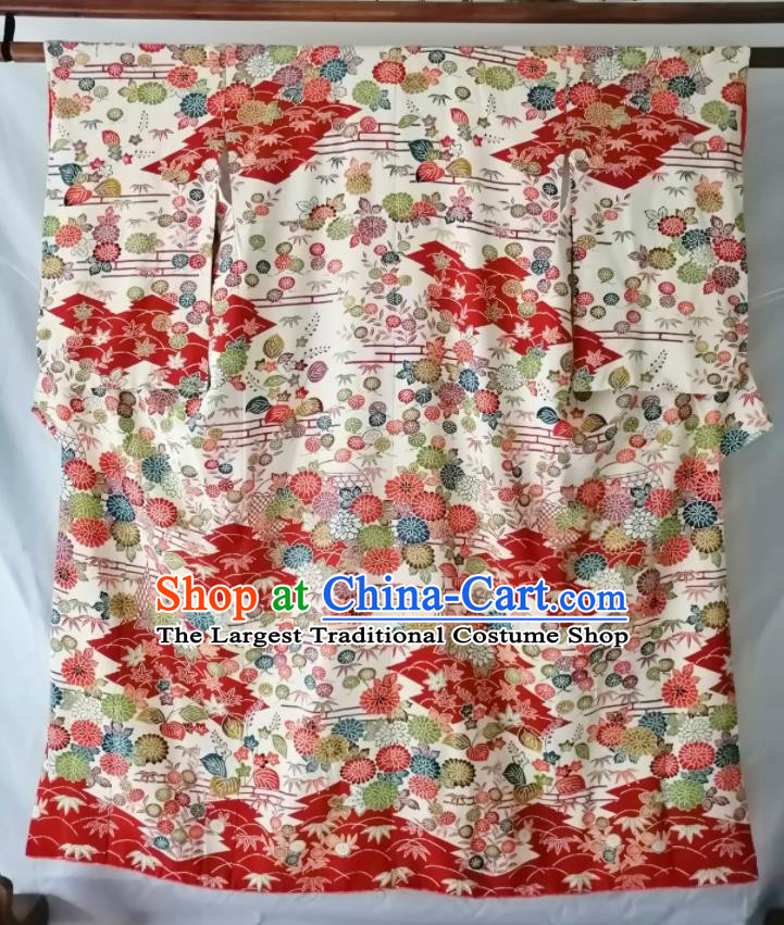 Japan Young Woman Garment Costume Kyoto Printing Silk Yukata Dress Traditional Chrysanthemum Pattern Tsukesage Kimono Clothing