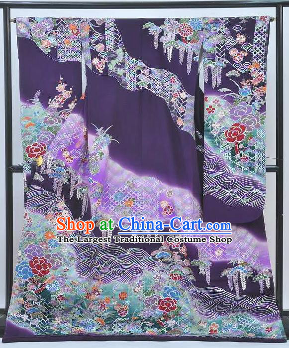 Japan Tokyo Wedding Purple Yukata Dress Traditional Wisteria Peony Pattern Furisode Kimono Clothing Royal Empress Wafuku Garment Costume