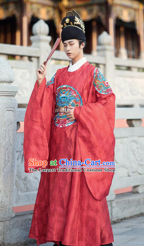 China Ming Dynasty Emperor Garment Costume Traditional Embroidered Red Dragon Robe Ancient Official Hanfu Clothing