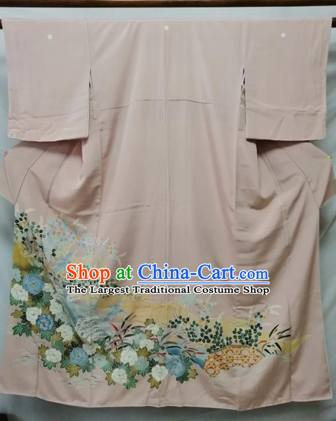 Japan Kyoto Printing Beige Yukata Dress Traditional Peony Pattern Uchikake Kimono Clothing Young Woman Garment Costume