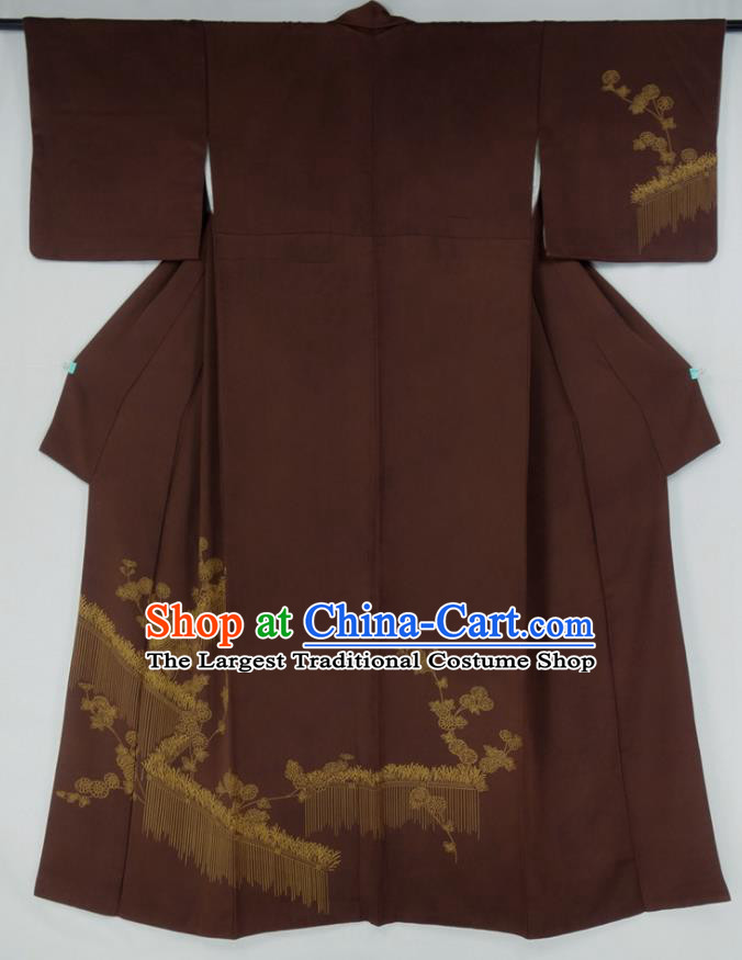 Japan Traditional Brown Yukata Dress Classical Chrysanthemum Pattern Tsukesage Kimono Clothing Court Woman Garment Costume