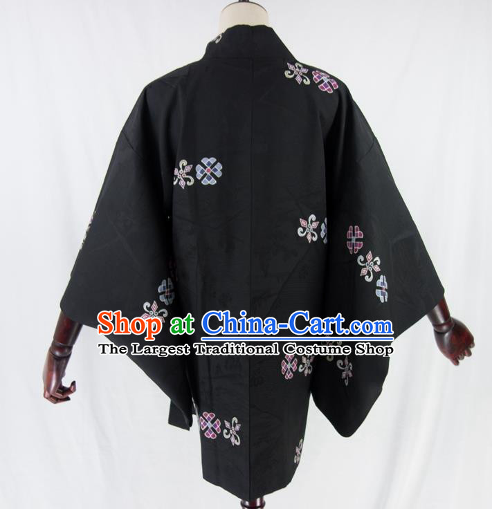 Japanese Male Embroidered Haori Jacket Clothing Traditional Kimono Outer Garment Classical Sakura Pattern Black Silk Overcoat Apparel