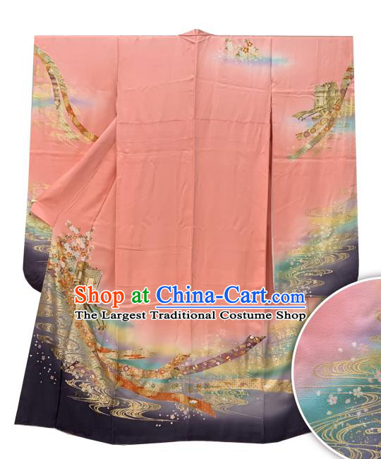 Japan Traditional Geisha Performance Pink Yukata Dress Classical Flowers Pattern Furisode Kimono Clothing Wedding Bride Garment Costume