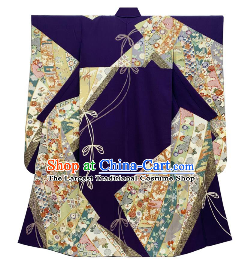 Japan Classical Flowers Pattern Furisode Kimono Clothing Wedding Bride Garment Costume Traditional Court Purple Yukata Dress