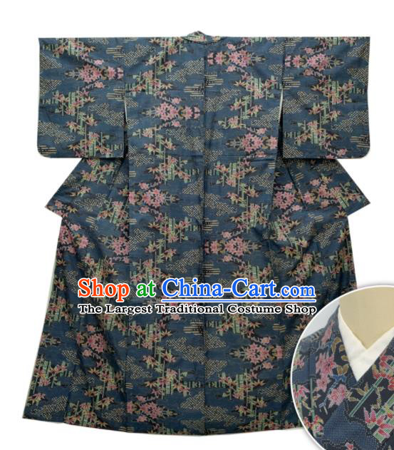 Japan Traditional Navy Yukata Dress Classical Bamboo Leaf Pattern Edo Komon Kimono Clothing Elderly Woman Garment Costume