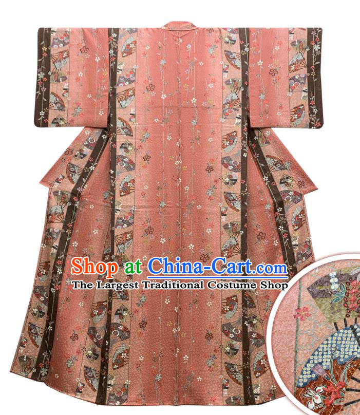 Japan Classical Sakura Pattern Edo Komon Kimono Clothing Young Lady Garment Costume Traditional Pink Yukata Dress