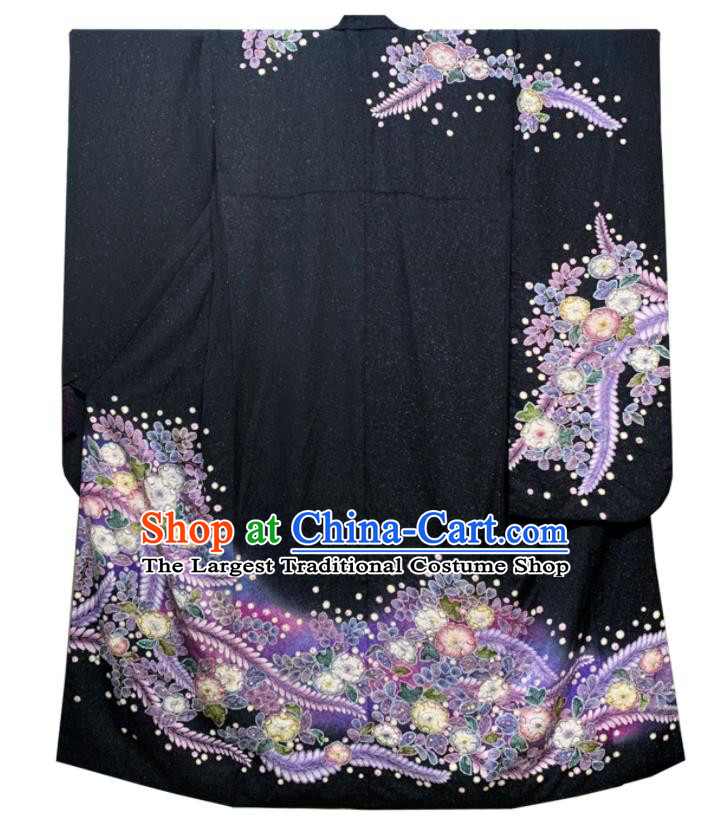 Japan Court Wedding Garment Costume Traditional Black Yukata Dress Classical Flowers Pattern Furisode Kimono Clothing