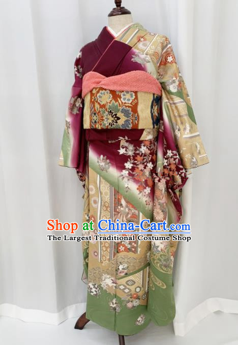 Japan Geisha Garment Costume Traditional Court Queen Wine Red Yukata Dress Classical Flowers Pattern Furisode Kimono Clothing