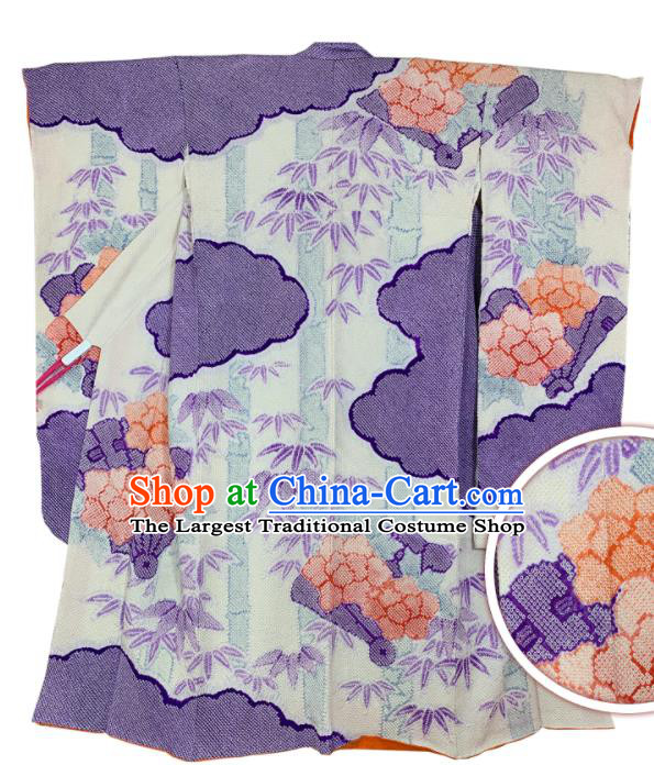 Japan Wedding Bride Garment Costume Traditional Geisha Purple Yukata Dress Classical Peony Bamboo Pattern Furisode Kimono Clothing