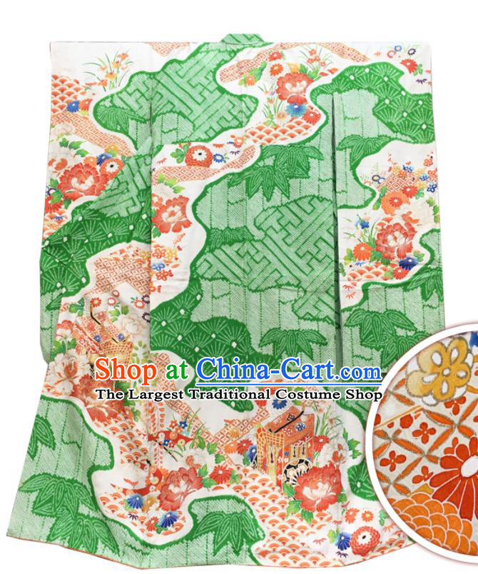 Japan Classical Peony Flowers Pattern Furisode Kimono Clothing Court Woman Garment Costume Traditional Green Yukata Dress