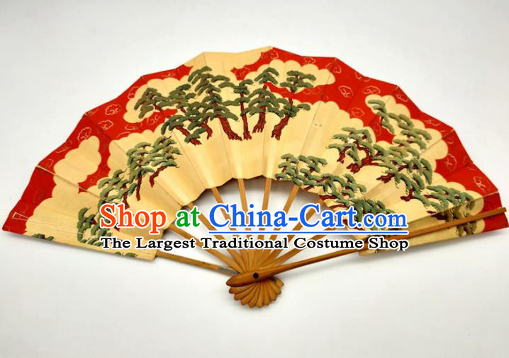Japanese Handmade Printing Pine Red Fan Traditional Geisha Dance Folding Fan Stage Performance Accordion
