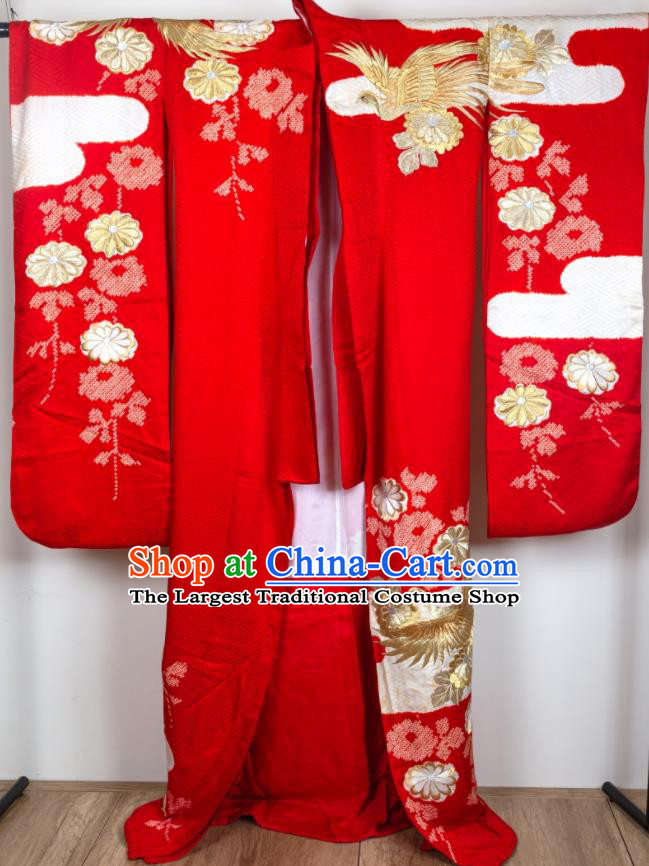 Japan Traditional Court Empress Red Yukata Dress Classical Birds Pattern Furisode Kimono Clothing Wedding Bride Embroidered Garment Costume