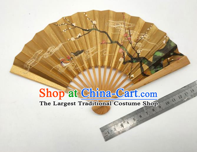 Japanese Hand Painting Plum Blossom Fan Traditional Stage Performance Golden Folding Fan Classical Dance Accordion