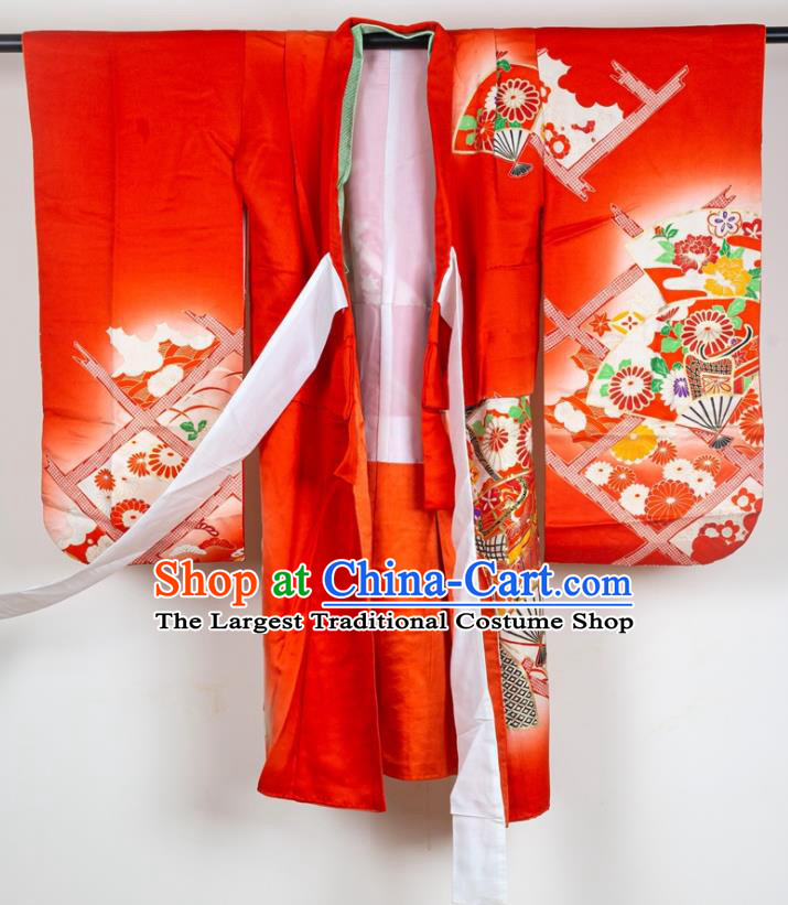 Japan Traditional Chrysanthemum Fan Pattern Red Yukata Dress Ancient Princess Clothing Festival Girl Kimono Costume