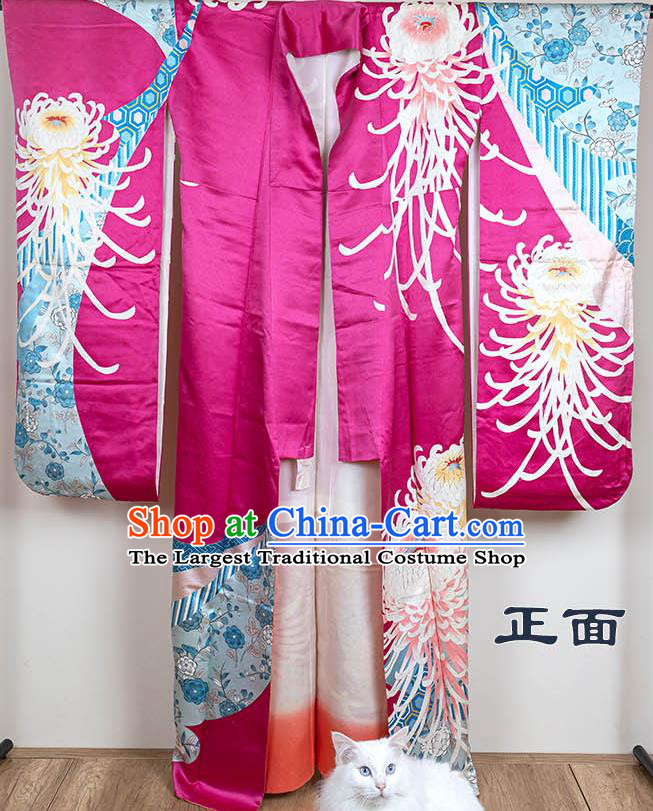 Japan Classical Chrysanthemum Pattern Furisode Kimono Clothing Royal Queen Garment Costume Traditional Rosy Silk Yukata Dress
