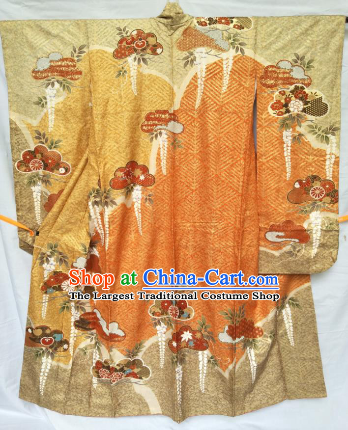 Japan Traditional Golden Silk Yukata Dress Classical Chrysanthemum Peony Pattern Furisode Kimono Clothing Queen Garment Costume