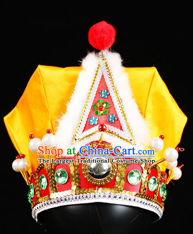 Chinese Beijing Opera Wusheng Yellow Hat Handmade Opera Swordsman Wu Song Headdress Peking Opera Warrior Headwear