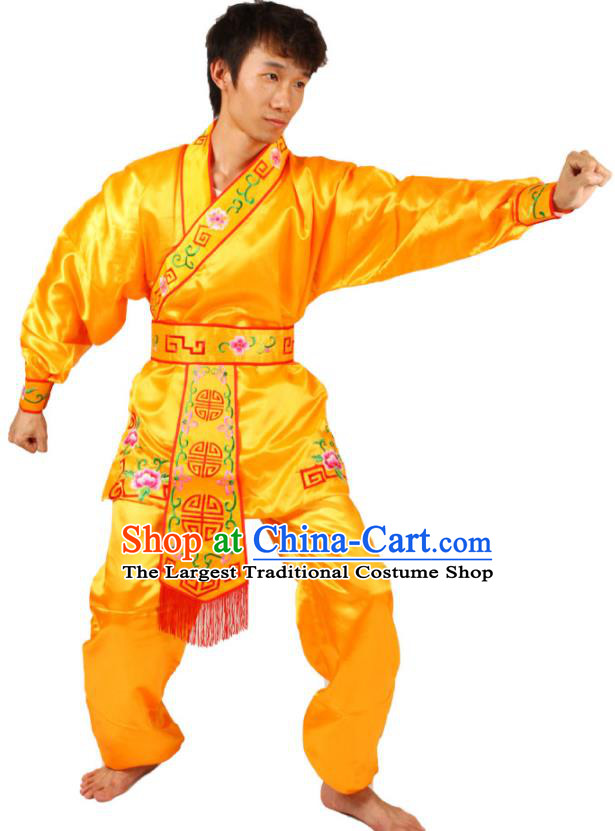 China Traditional Martial Arts Yellow Outfits Cosplay Water Margin Hero Wu Song Costumes Beijing Opera Wusheng Clothing