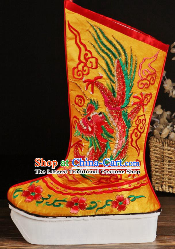 China Handmade Opera Satin Shoes Peking Opera Male Boots Ancient Emperor Embroidered Dragon Yellow Boots