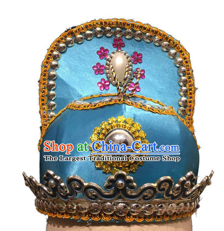 Chinese Beijing Opera Prince Blue Hat Handmade Opera Xiaosheng Headdress Ancient Scholar Headwear