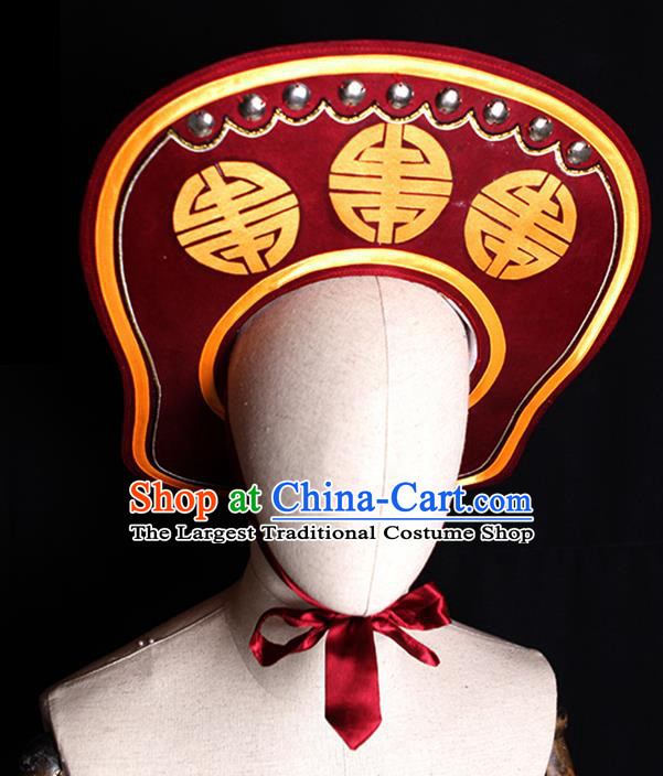 Chinese Handmade Chaozhou Opera Soldier Headdress Beijing Opera Hero Lin Chong Headwear Ancient Swordsman Wine Red Hat