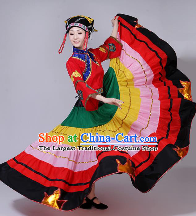 Chinese Liangshan National Minority Performance Garment Costumes Yi Nationality Torch Festival Clothing Ethnic Folk Dance Uniforms