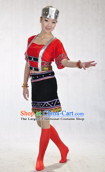 Chinese Wa Ethnic Dance Red Uniforms Yunnan National Minority Dance Dress Va Nationality Performance Garment Costumes