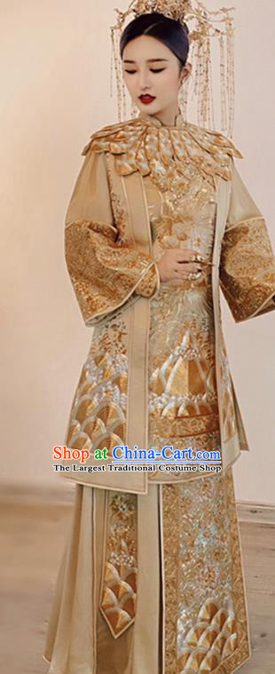 Chinese Traditional Bride Toasting Garment Costumes Ancient Empress Embroidered Dress Classical Golden Xiuhe Suits Wedding Ceremony Clothing